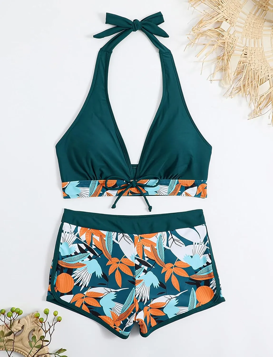 Women's Two Piece Halter Swimsuit V Neck Push Up Bikini Set Swimwear with Boyshorts Swimwear for Swimming Pool