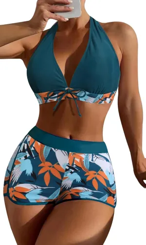 Women's Two Piece Halter Swimsuit V Neck Push Up Bikini Set Swimwear with Boyshorts Swimwear for Swimming Pool