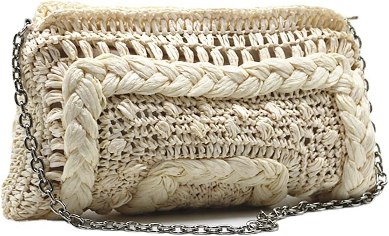 Woven Straw Bag Women Shoulder Bag Chain Knitting Sling Crossbody Bags For Women Handbag Beach Bags(Beige)