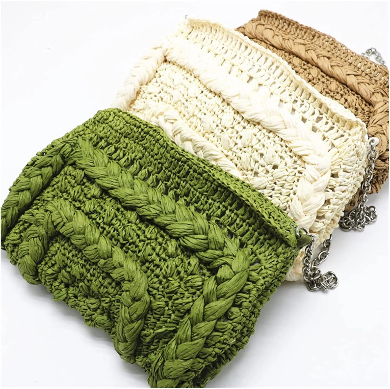 Woven Straw Bag Women Shoulder Bag Chain Knitting Sling Crossbody Bags For Women Handbag Beach Bags(Beige)