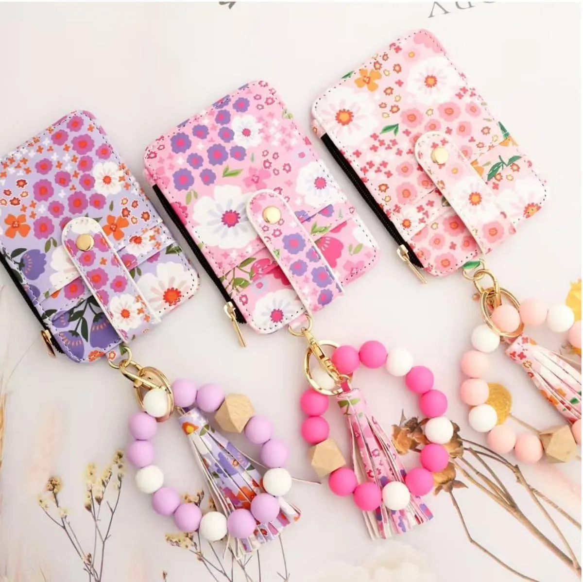 Wristlet Wallet, Women's Style Beaded & Tassel Charms Keychain with Flower Pattern Wallet, Fashion Wristband Accessories (Dark Blue)