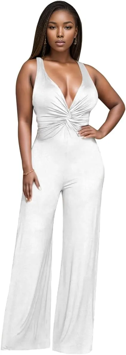 WUSENST Jumpsuits for Women Casual Strapless Strap Sexy V Neck Ruched High Waist Wide Leg Overalls with Pockets