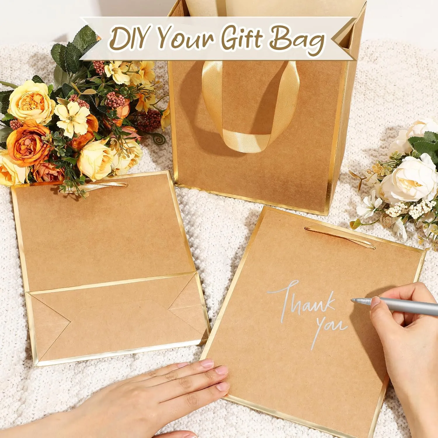 Yeaqee 10 Pack Metallic Paper Gift Bags with Handles Tissue Paper Thank You 5 Senses Gift Bags for Him Her Graduation Baby Shower Wedding Bridal Shower Groomsmen Favor 9 x 7 x 3.15''(Kraft,Gold)