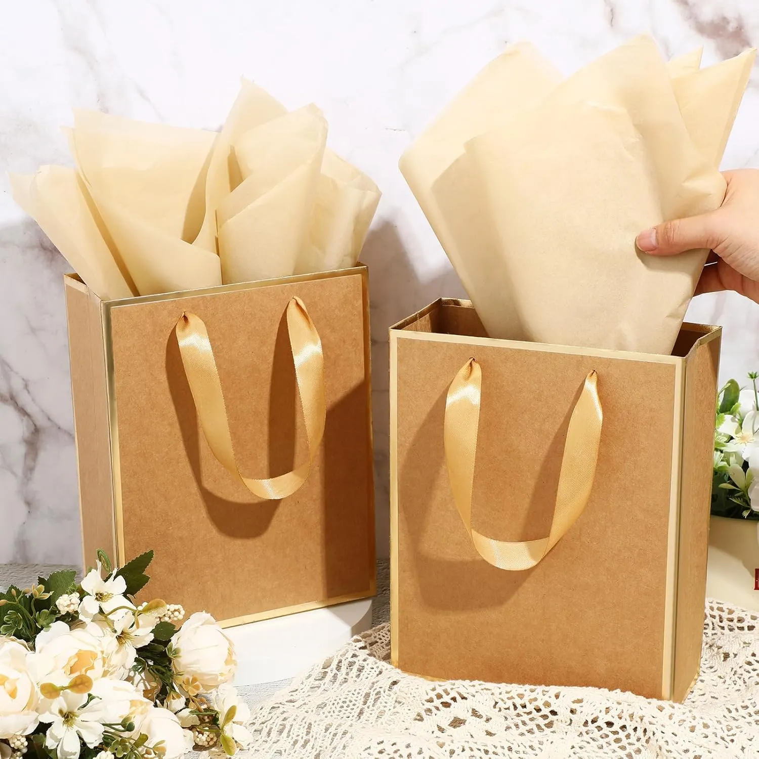 Yeaqee 10 Pack Metallic Paper Gift Bags with Handles Tissue Paper Thank You 5 Senses Gift Bags for Him Her Graduation Baby Shower Wedding Bridal Shower Groomsmen Favor 9 x 7 x 3.15''(Kraft,Gold)