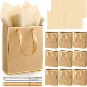 Yeaqee 10 Pack Metallic Paper Gift Bags with Handles Tissue Paper Thank You 5 Senses Gift Bags for Him Her Graduation Baby Shower Wedding Bridal Shower Groomsmen Favor 9 x 7 x 3.15''(Kraft,Gold)