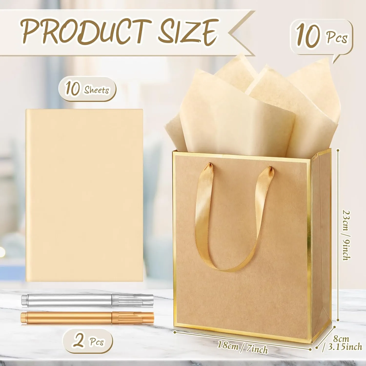 Yeaqee 10 Pack Metallic Paper Gift Bags with Handles Tissue Paper Thank You 5 Senses Gift Bags for Him Her Graduation Baby Shower Wedding Bridal Shower Groomsmen Favor 9 x 7 x 3.15''(Kraft,Gold)