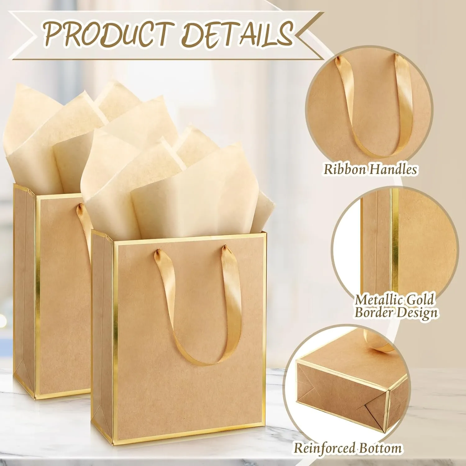 Yeaqee 10 Pack Metallic Paper Gift Bags with Handles Tissue Paper Thank You 5 Senses Gift Bags for Him Her Graduation Baby Shower Wedding Bridal Shower Groomsmen Favor 9 x 7 x 3.15''(Kraft,Gold)