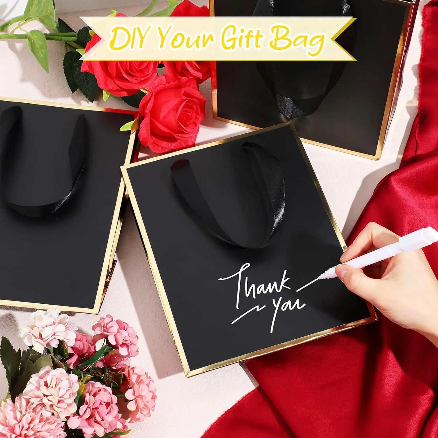 Yeaqee 24 Pack Metallic Paper Gift Bags with Handle and Tissue 9x7x3.1 Welcome Gift Thank You Bags for Wedding Father's Day Bridal Shower Groomsmen Birthday Party(Black and Gold)