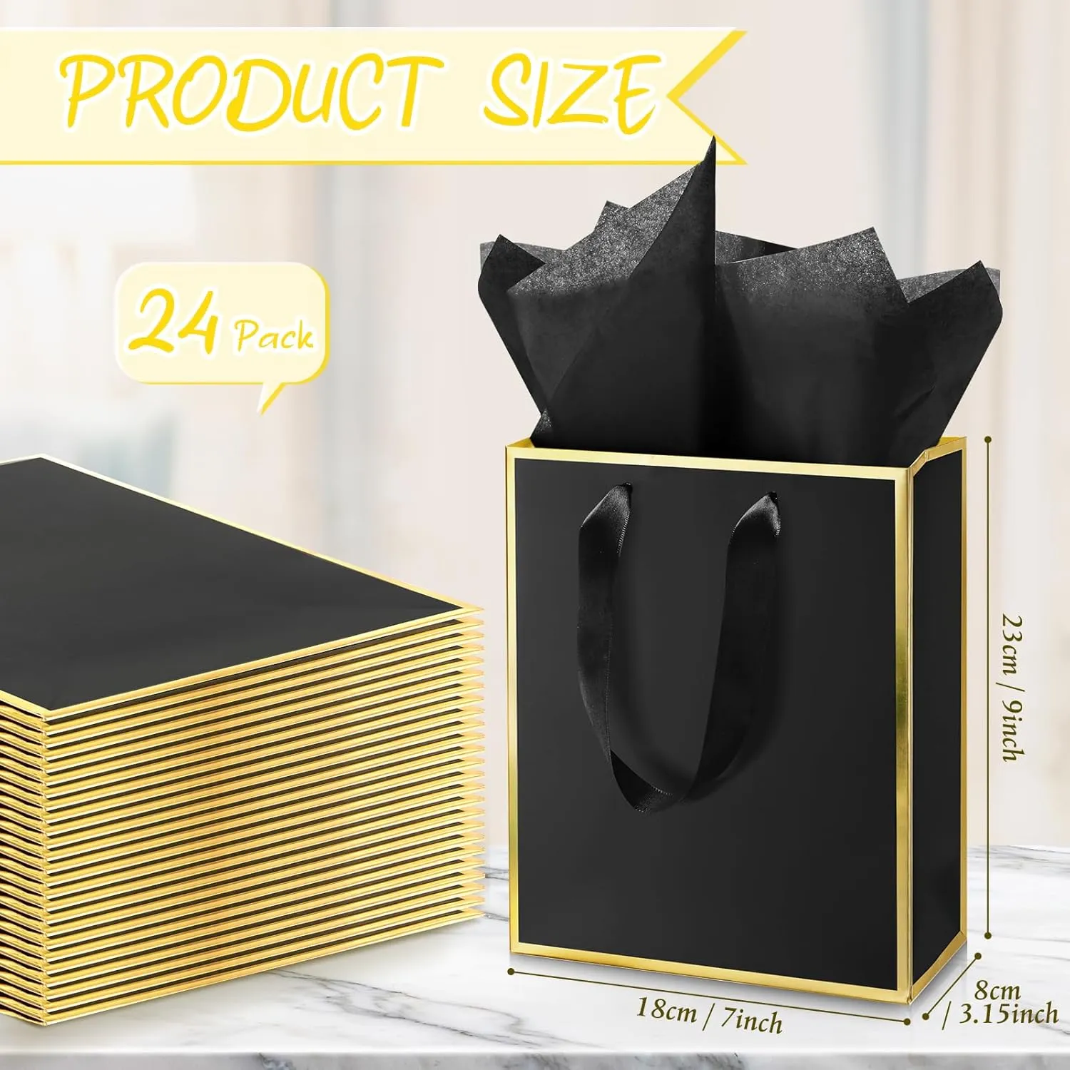 Yeaqee 24 Pack Metallic Paper Gift Bags with Handle and Tissue 9x7x3.1 Welcome Gift Thank You Bags for Wedding Father's Day Bridal Shower Groomsmen Birthday Party(Black and Gold)