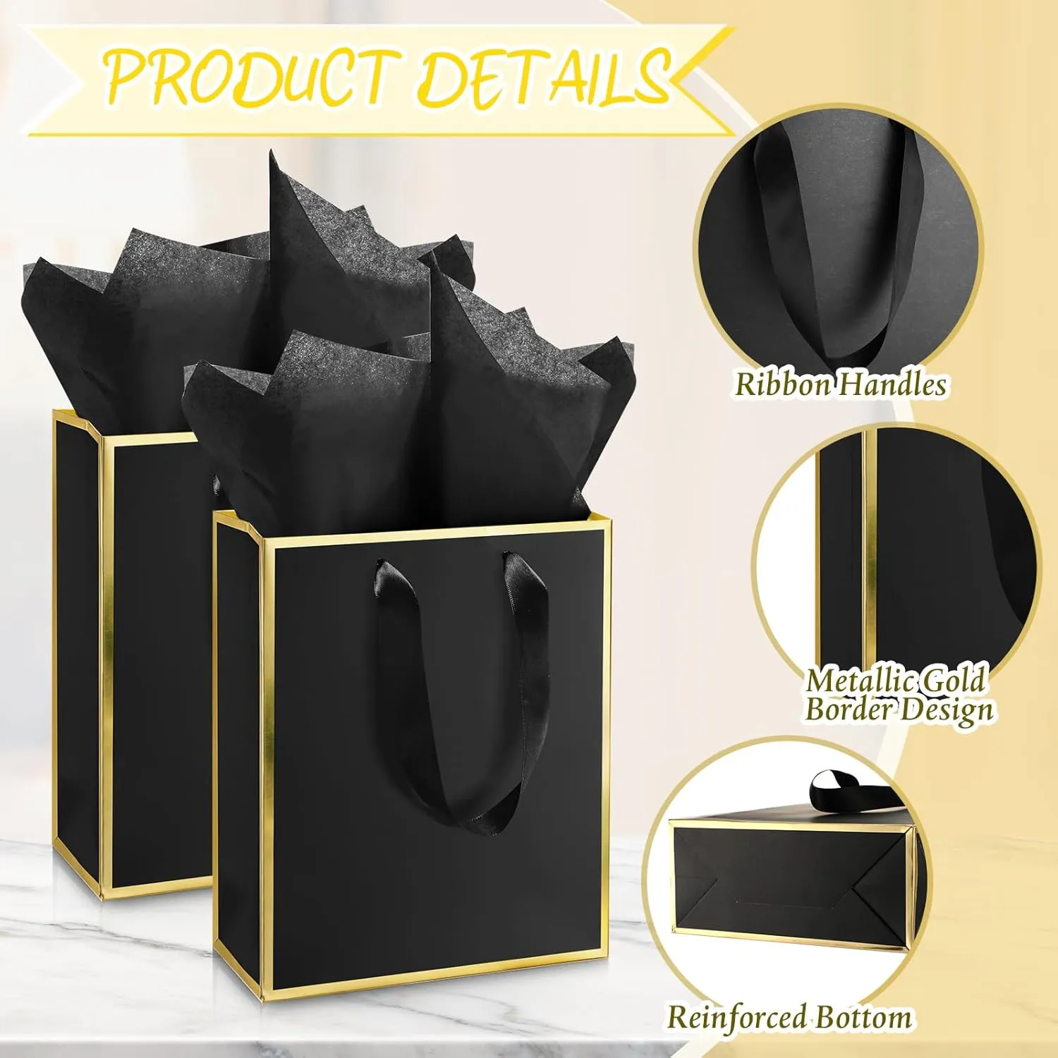 Yeaqee 24 Pack Metallic Paper Gift Bags with Handle and Tissue 9x7x3.1 Welcome Gift Thank You Bags for Wedding Father's Day Bridal Shower Groomsmen Birthday Party(Black and Gold)