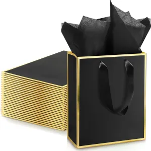 Yeaqee 24 Pack Metallic Paper Gift Bags with Handle and Tissue 9x7x3.1 Welcome Gift Thank You Bags for Wedding Father's Day Bridal Shower Groomsmen Birthday Party(Black and Gold)