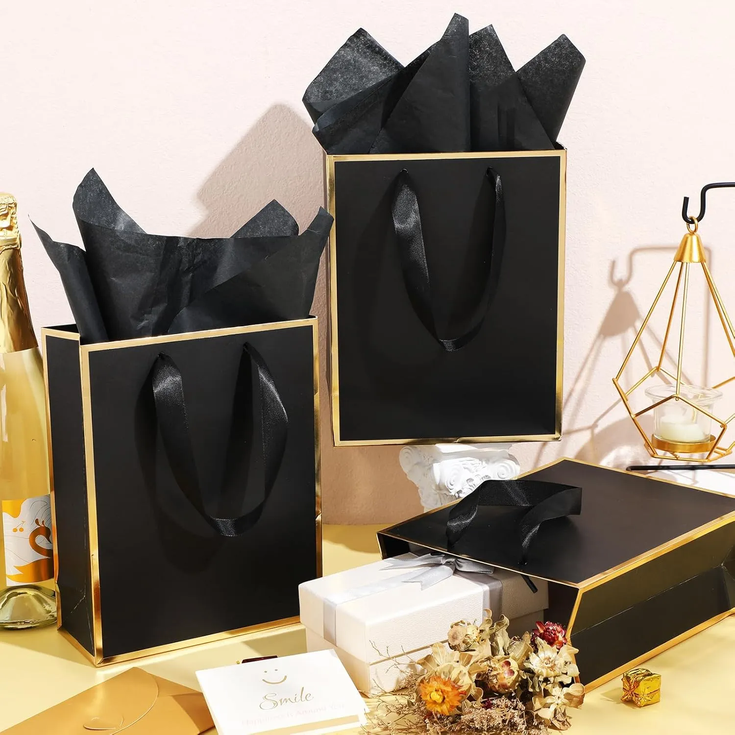 Yeaqee 24 Pack Metallic Paper Gift Bags with Handle and Tissue 9x7x3.1 Welcome Gift Thank You Bags for Wedding Father's Day Bridal Shower Groomsmen Birthday Party(Black and Gold)