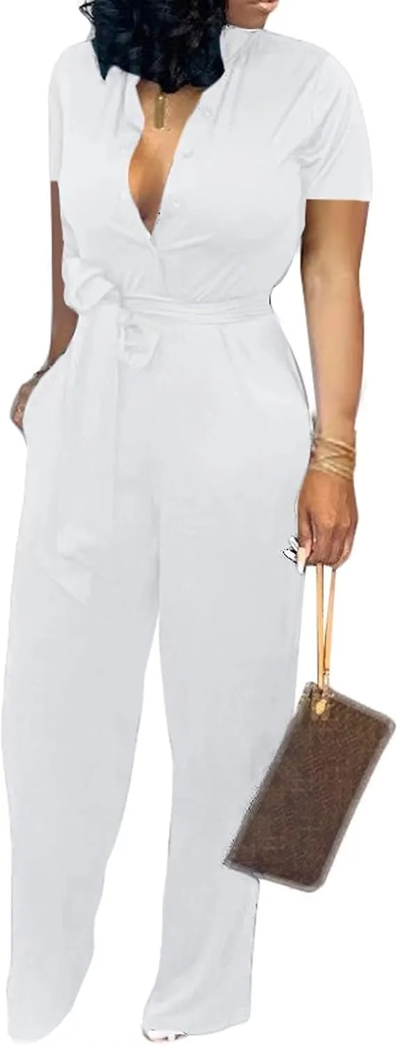 Yiershu Formal Jumpsuit for Women Dressy Elegant Long Straight Pants Jumpsuits for Party Club with Button Down