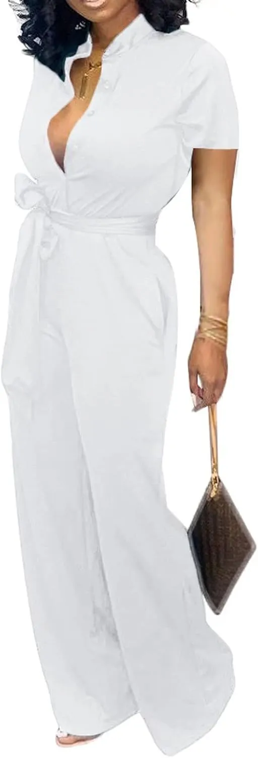 Yiershu Formal Jumpsuit for Women Dressy Elegant Long Straight Pants Jumpsuits for Party Club with Button Down