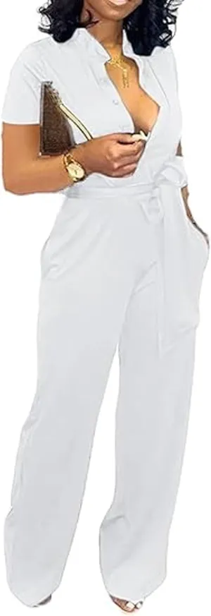 Yiershu Formal Jumpsuit for Women Dressy Elegant Long Straight Pants Jumpsuits for Party Club with Button Down