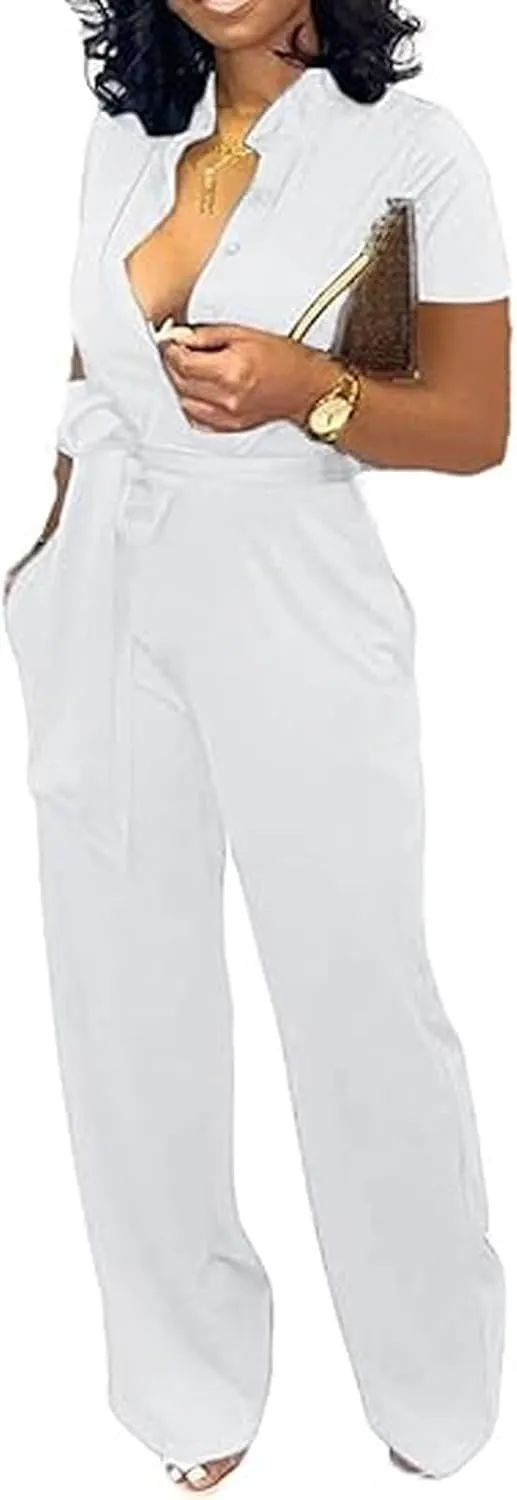 Yiershu Formal Jumpsuit for Women Dressy Elegant Long Straight Pants Jumpsuits for Party Club with Button Down