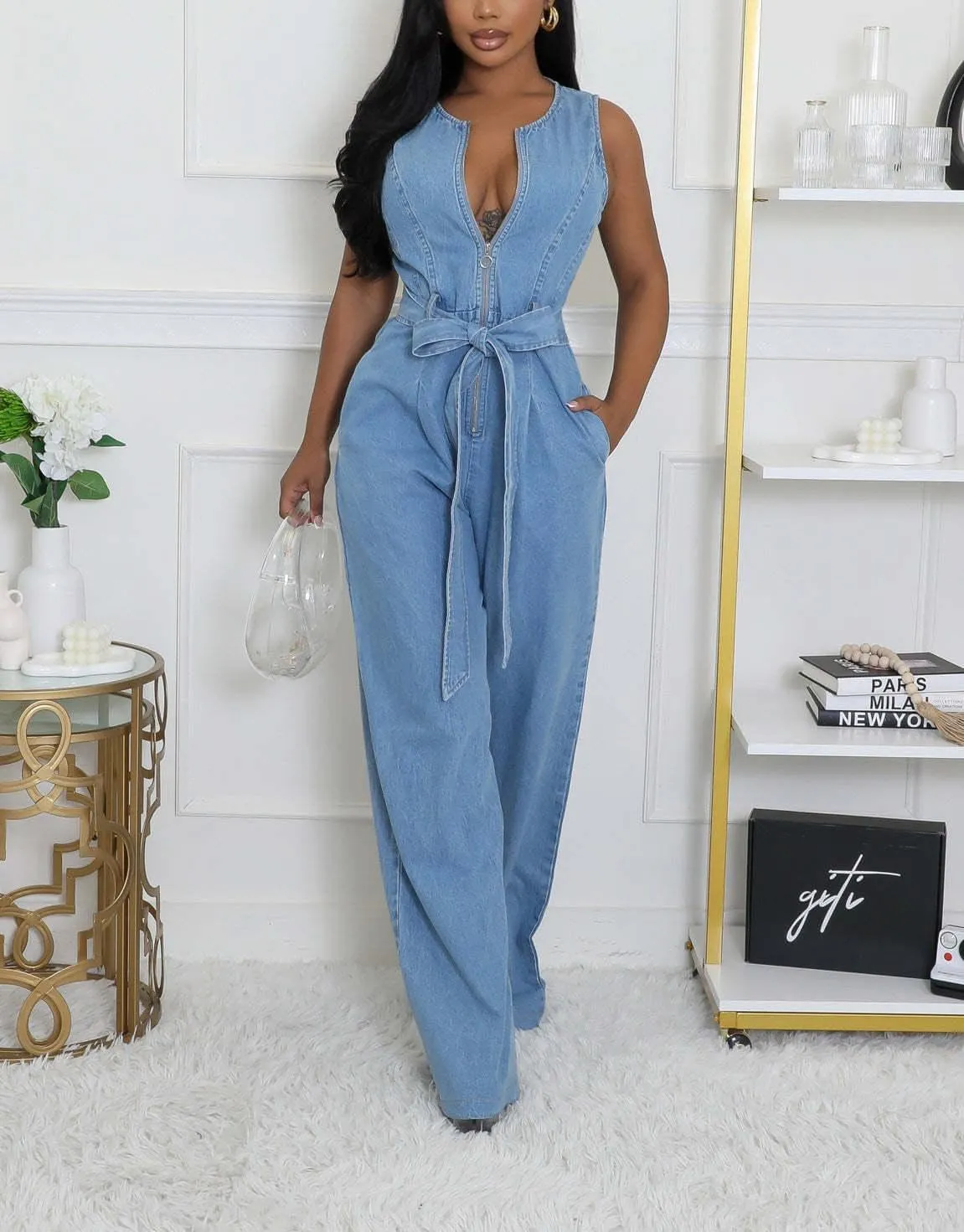 yoeasy Womens Casual Sleeveless Denim Jumpsuits Zipper High Waisted Belted Straight Wide Leg Romper Jumpsuit