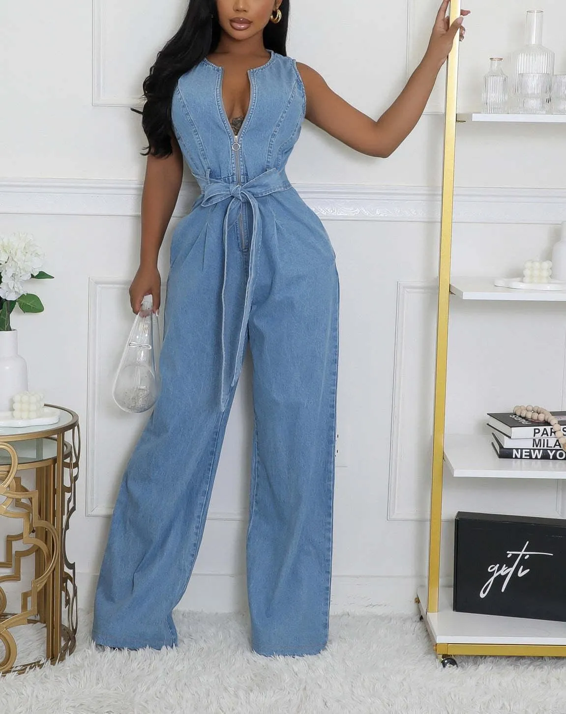 yoeasy Womens Casual Sleeveless Denim Jumpsuits Zipper High Waisted Belted Straight Wide Leg Romper Jumpsuit