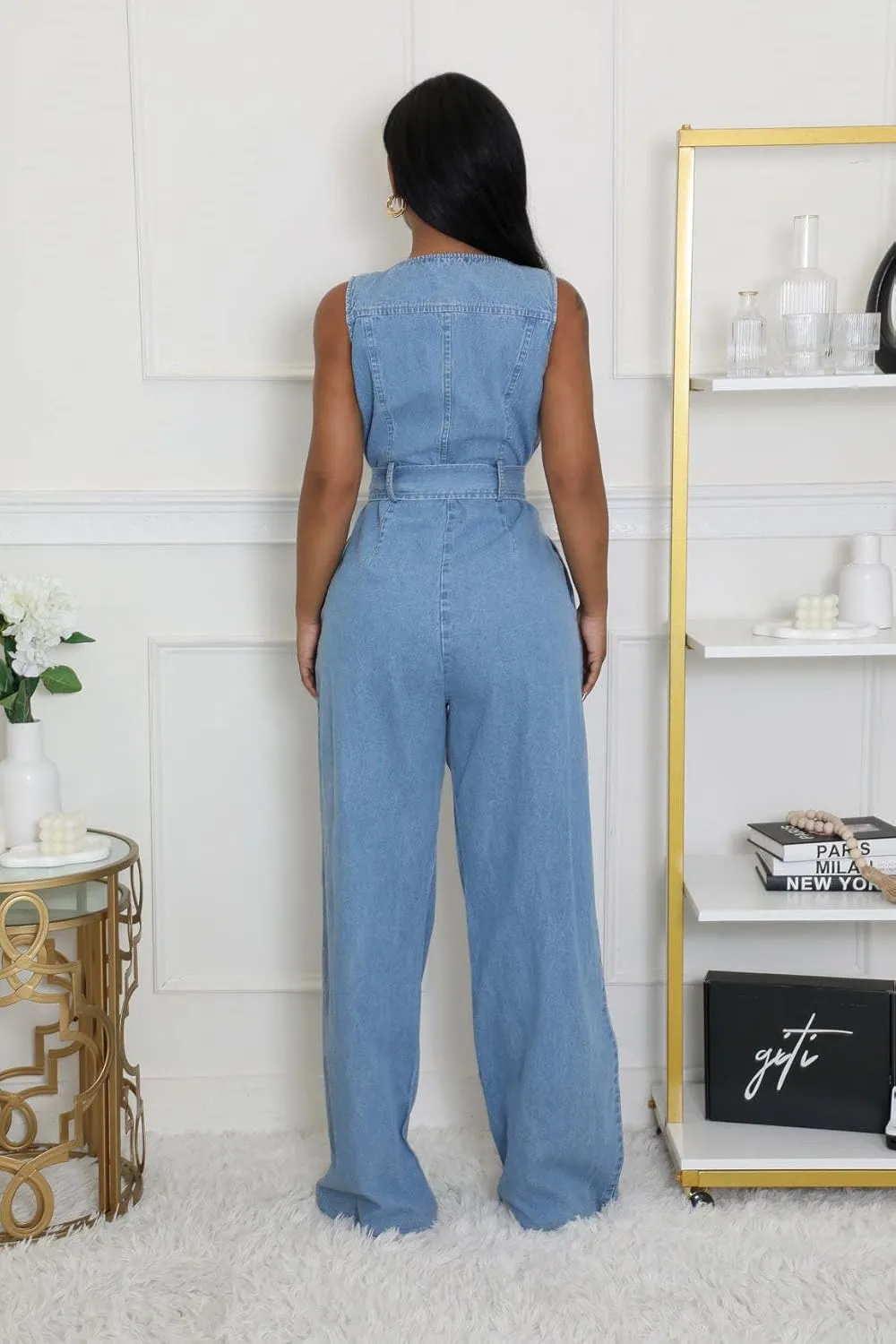 yoeasy Womens Casual Sleeveless Denim Jumpsuits Zipper High Waisted Belted Straight Wide Leg Romper Jumpsuit
