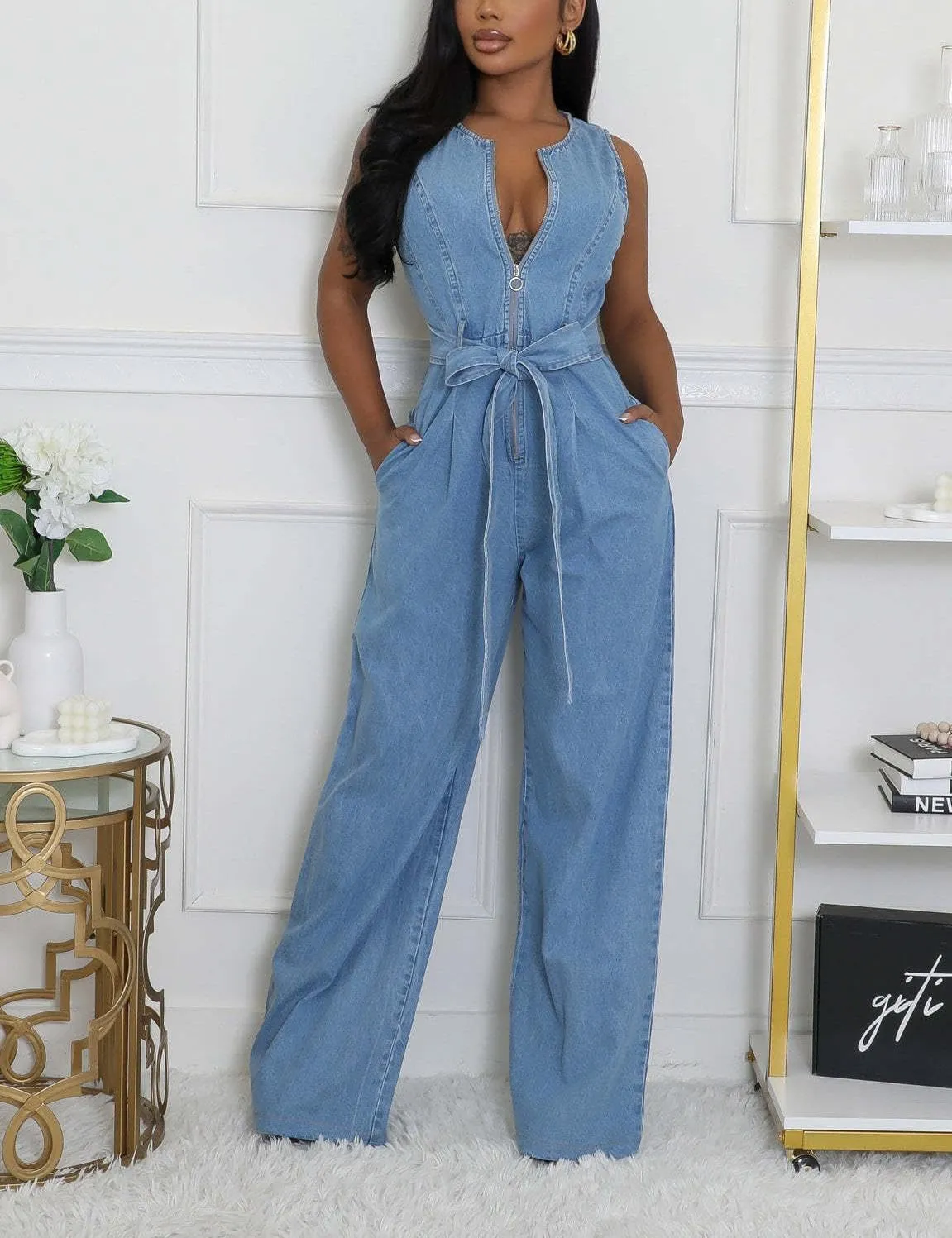 yoeasy Womens Casual Sleeveless Denim Jumpsuits Zipper High Waisted Belted Straight Wide Leg Romper Jumpsuit