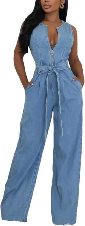 yoeasy Womens Casual Sleeveless Denim Jumpsuits Zipper High Waisted Belted Straight Wide Leg Romper Jumpsuit