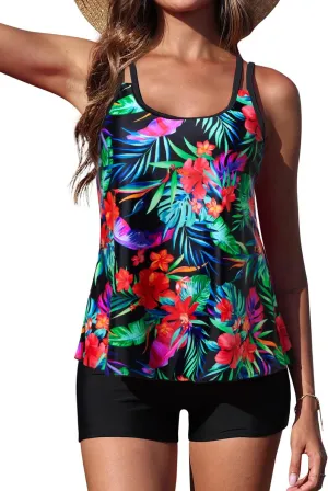 Yonique Womens Two Piece Swimsuits Tankini Top with Boy Shorts Tummy Control Bathing Suits Athletic Swimwear