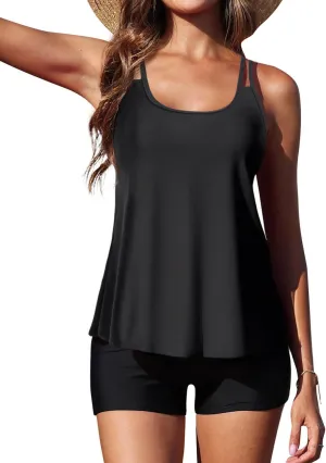 Yonique Womens Two Piece Swimsuits Tankini Top with Boy Shorts Tummy Control Bathing Suits Athletic Swimwear