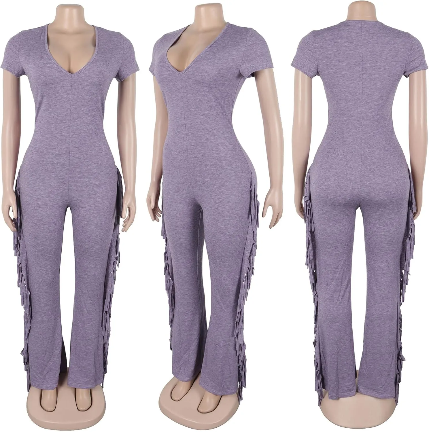 YOOTIKO Womens Sexy Bodycon Jumpsuit Fringe Pants Casual Workout Clubwear V Neck One Piece Romper