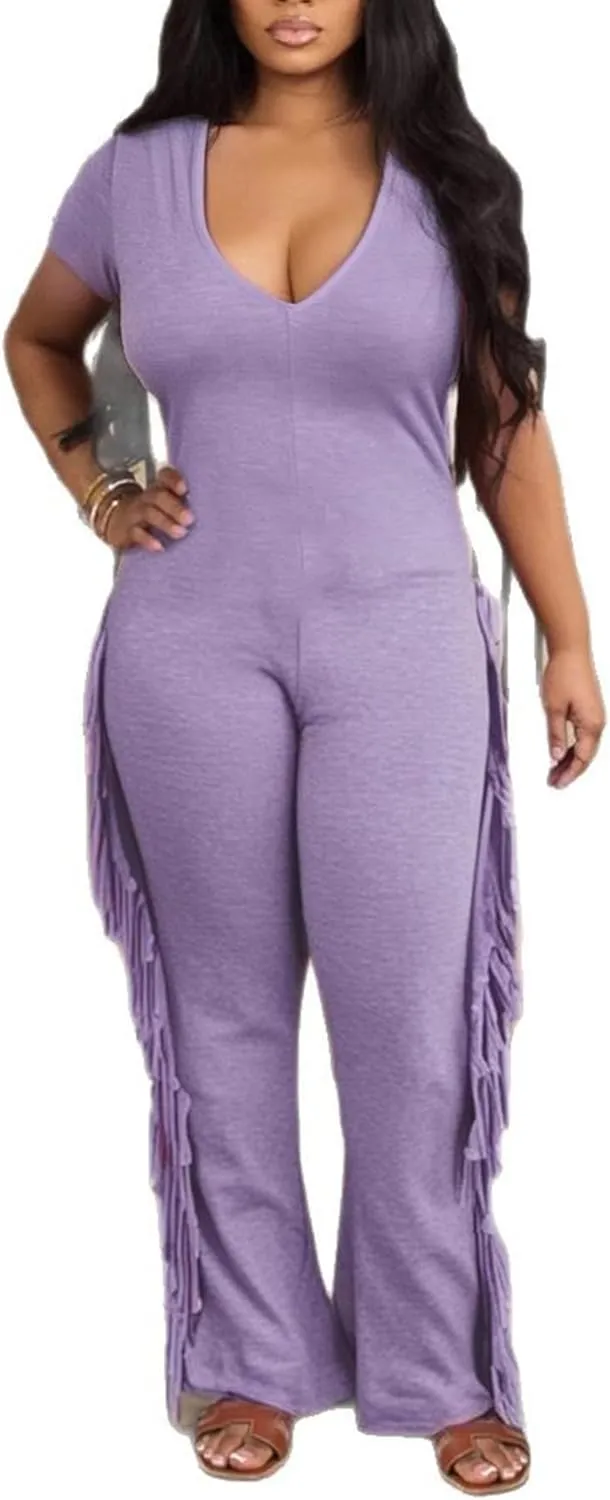 YOOTIKO Womens Sexy Bodycon Jumpsuit Fringe Pants Casual Workout Clubwear V Neck One Piece Romper