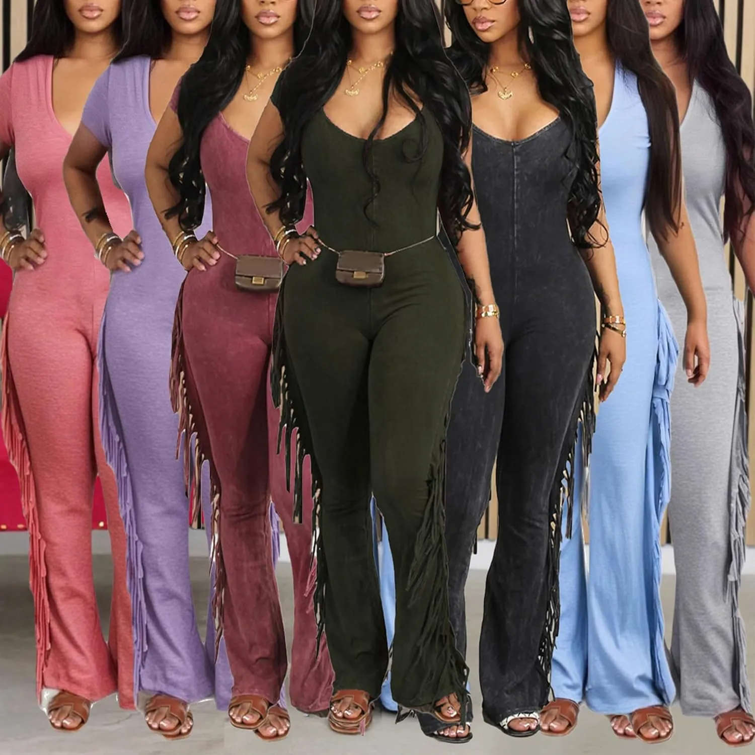 YOOTIKO Womens Sexy Bodycon Jumpsuit Fringe Pants Casual Workout Clubwear V Neck One Piece Romper
