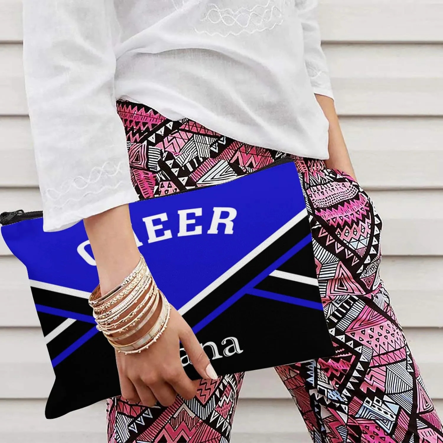 zaaprintblanket Personalized Cheer Blue Cheerleader Cosmetic Bag with Name Text Travel Bag Case for Toiletries Accessories Organizer