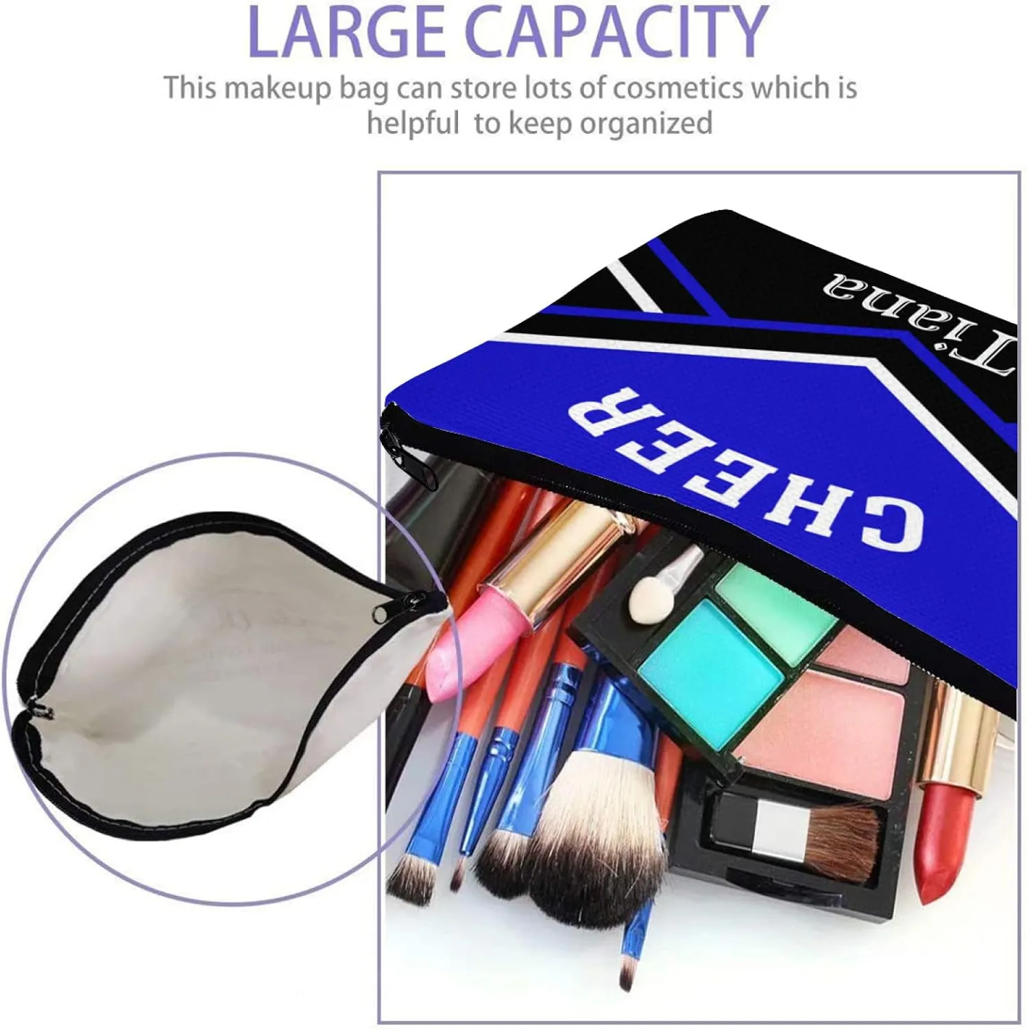 zaaprintblanket Personalized Cheer Blue Cheerleader Cosmetic Bag with Name Text Travel Bag Case for Toiletries Accessories Organizer
