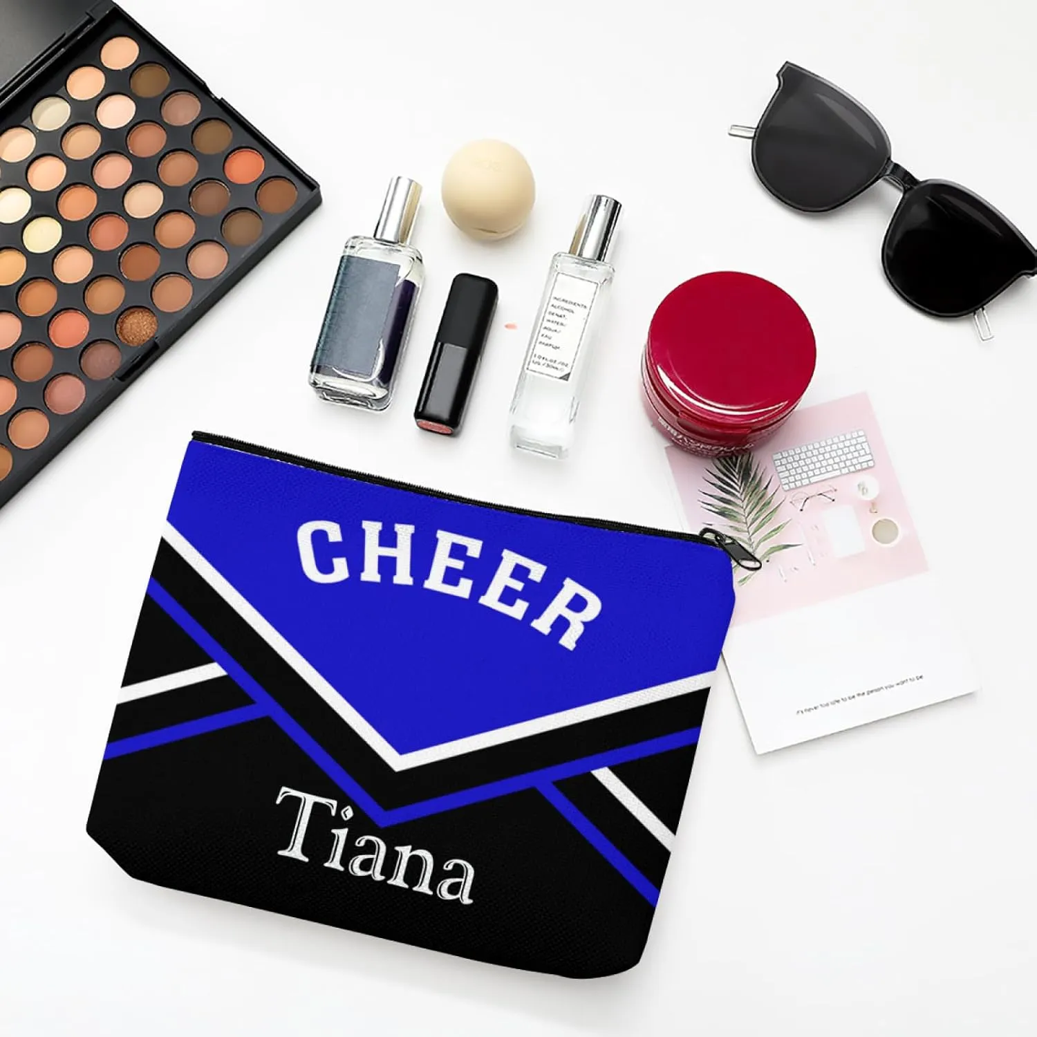 zaaprintblanket Personalized Cheer Blue Cheerleader Cosmetic Bag with Name Text Travel Bag Case for Toiletries Accessories Organizer