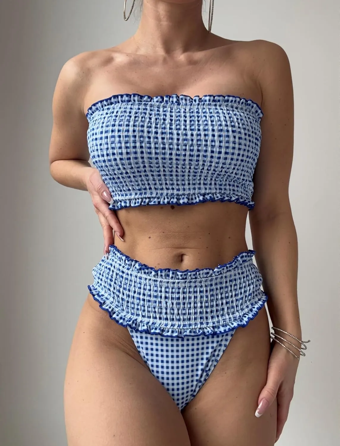 ZAFUL Women Bandeau Bikini Sets Smocked Swimsuit Strapless 2 Piece Swimwear Cheeky Bathing Suits
