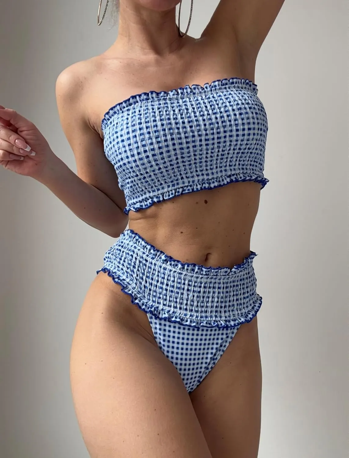ZAFUL Women Bandeau Bikini Sets Smocked Swimsuit Strapless 2 Piece Swimwear Cheeky Bathing Suits