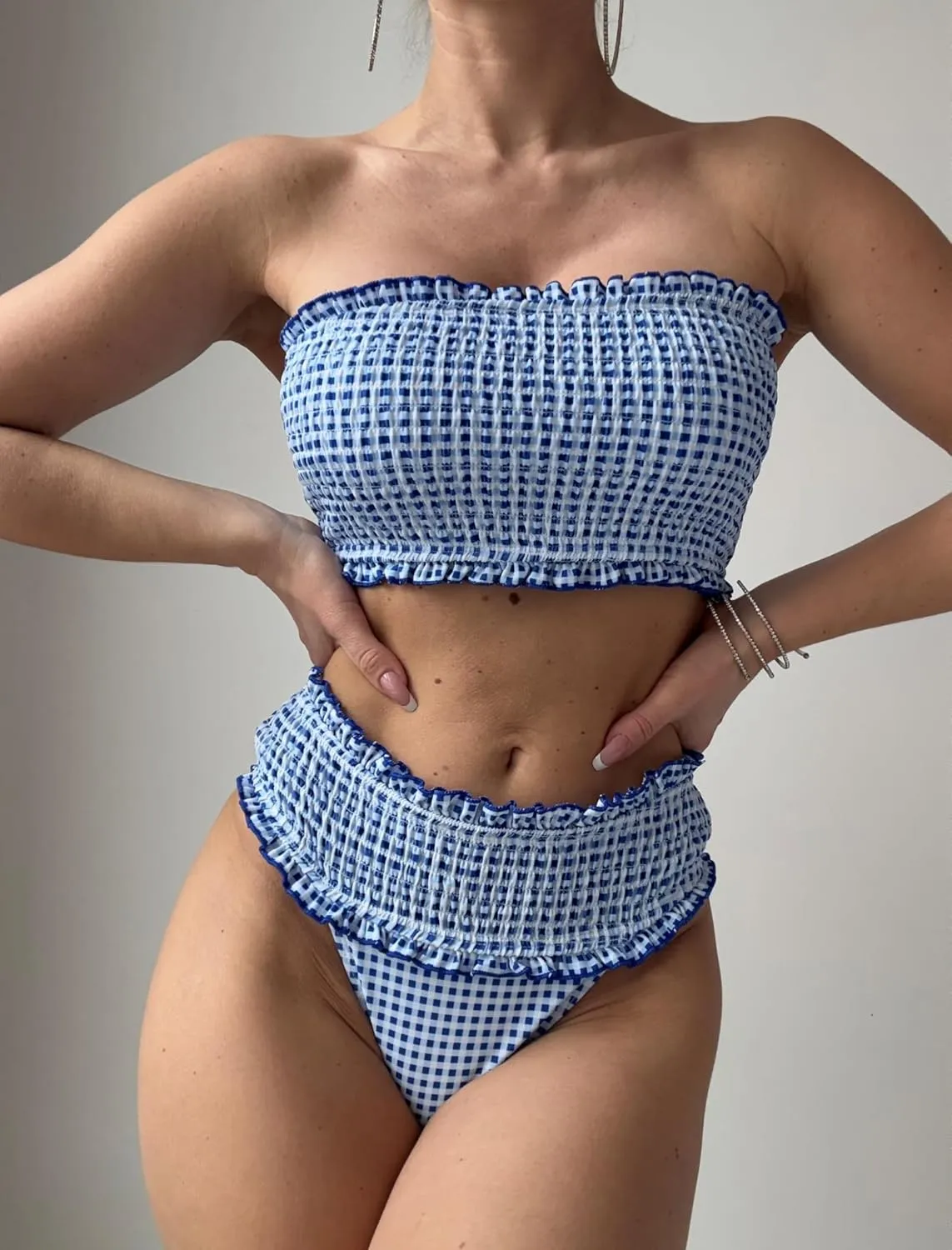 ZAFUL Women Bandeau Bikini Sets Smocked Swimsuit Strapless 2 Piece Swimwear Cheeky Bathing Suits