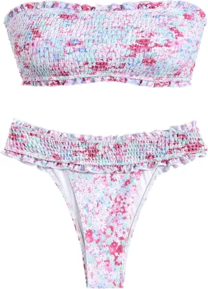 ZAFUL Women Bandeau Bikini Sets Smocked Swimsuit Strapless 2 Piece Swimwear Cheeky Bathing Suits
