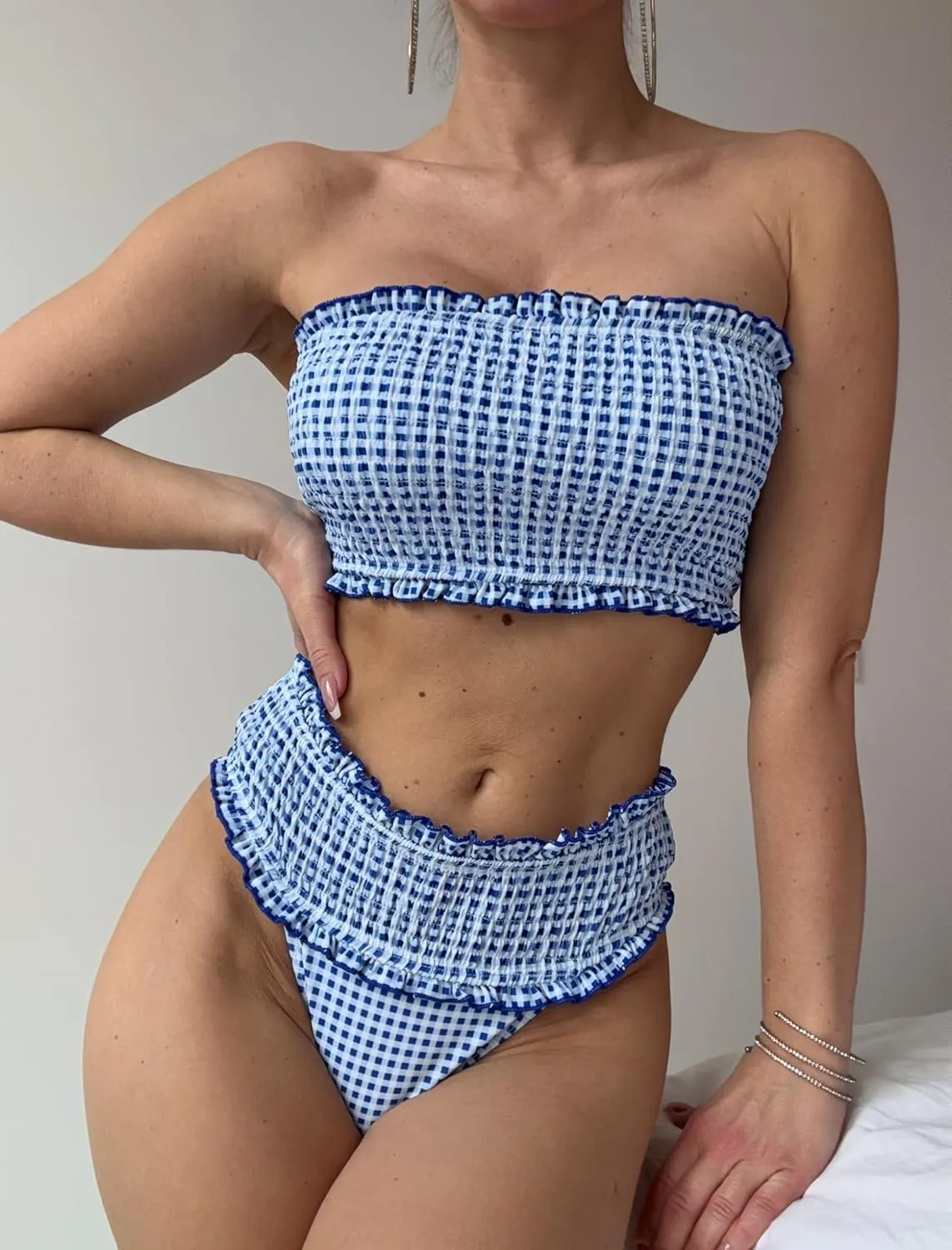 ZAFUL Women Bandeau Bikini Sets Smocked Swimsuit Strapless 2 Piece Swimwear Cheeky Bathing Suits
