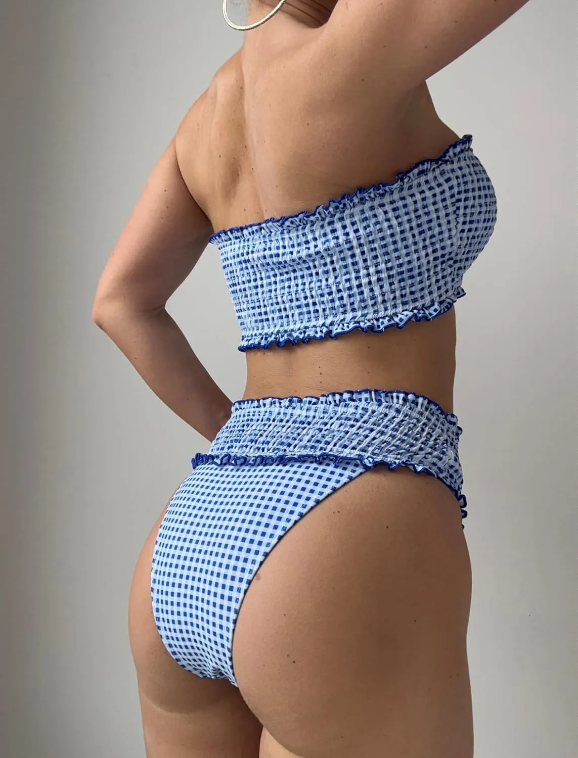 ZAFUL Women Bandeau Bikini Sets Smocked Swimsuit Strapless 2 Piece Swimwear Cheeky Bathing Suits