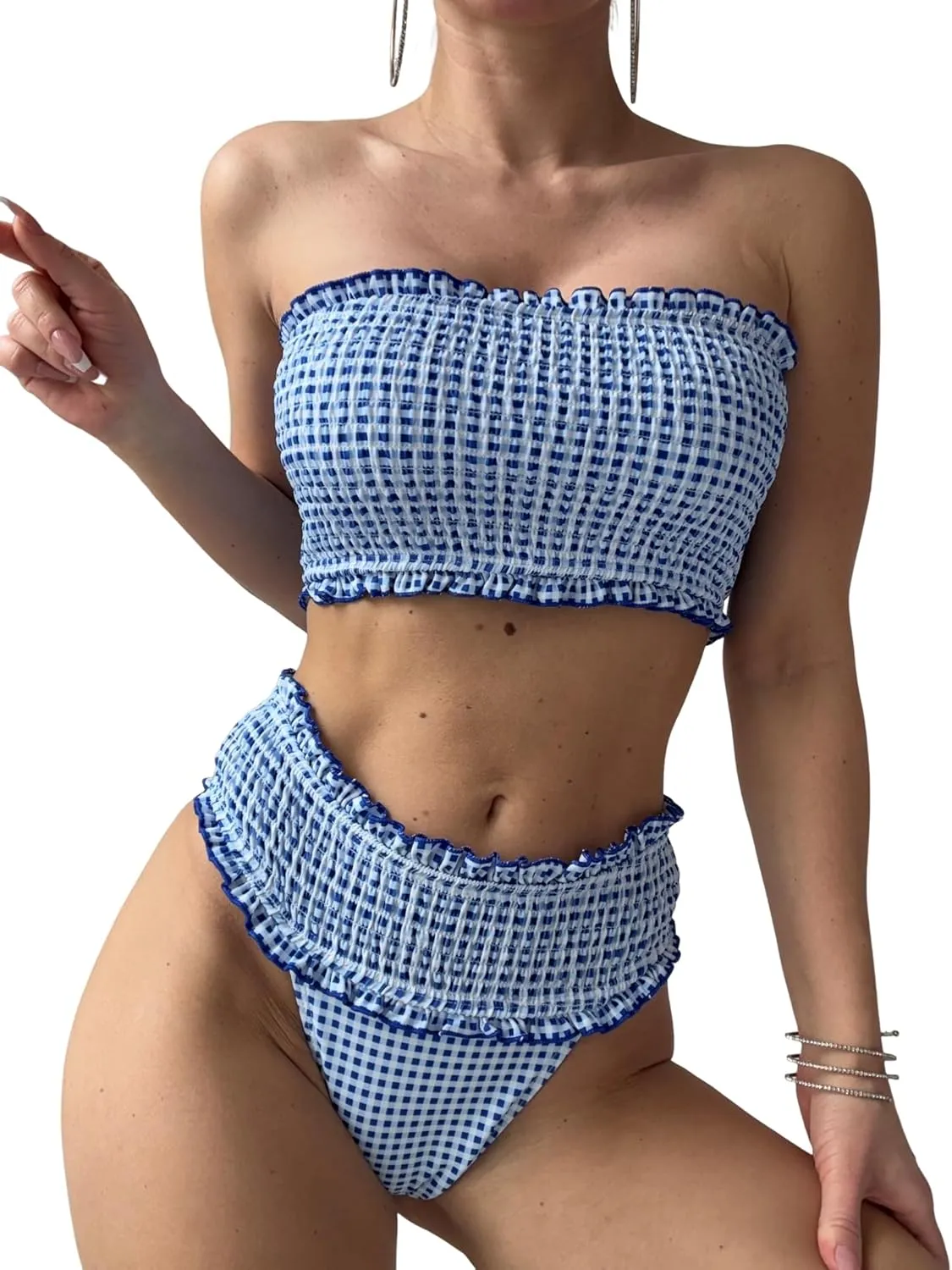 ZAFUL Women Bandeau Bikini Sets Smocked Swimsuit Strapless 2 Piece Swimwear Cheeky Bathing Suits