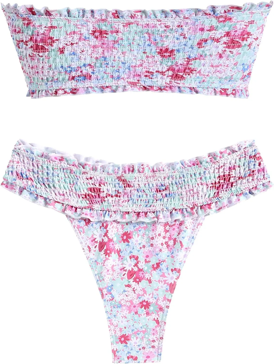 ZAFUL Women Bandeau Bikini Sets Smocked Swimsuit Strapless 2 Piece Swimwear Cheeky Bathing Suits