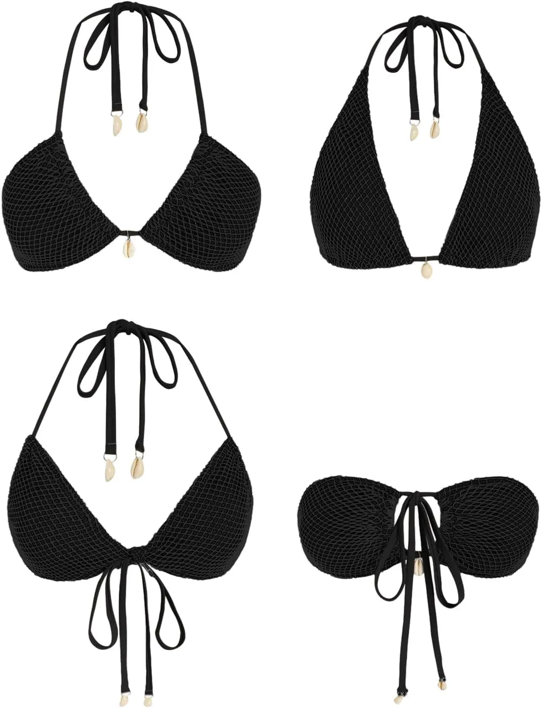 ZAFUL Women's Bikini Set Fishnet Triangle Tie Convertible Collar Halter Bandeau Shell Two Piece Bathing Suit