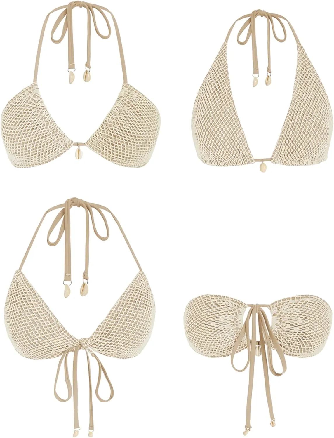 ZAFUL Women's Bikini Set Fishnet Triangle Tie Convertible Collar Halter Bandeau Shell Two Piece Bathing Suit