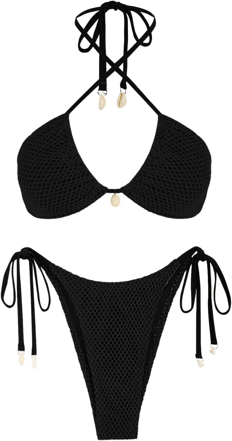 ZAFUL Women's Bikini Set Fishnet Triangle Tie Convertible Collar Halter Bandeau Shell Two Piece Bathing Suit