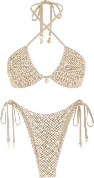ZAFUL Women's Bikini Set Fishnet Triangle Tie Convertible Collar Halter Bandeau Shell Two Piece Bathing Suit
