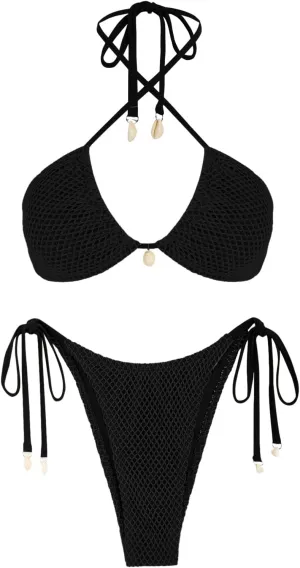 ZAFUL Women's Bikini Set Fishnet Triangle Tie Convertible Collar Halter Bandeau Shell Two Piece Bathing Suit