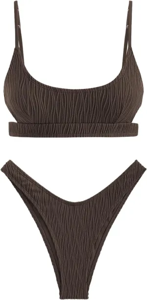 ZAFUL Women's Cutout Bikini Sets Scoop Neck Back Criss Cross Tie Ribbed High Cut Bikini Swimsuit Two Piece Bathing Suits