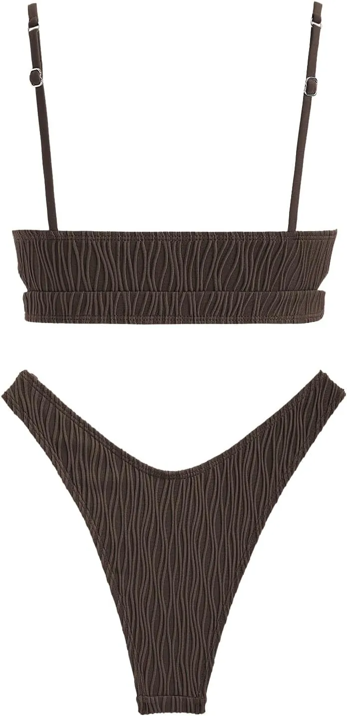 ZAFUL Women's Cutout Bikini Sets Scoop Neck Back Criss Cross Tie Ribbed High Cut Bikini Swimsuit Two Piece Bathing Suits