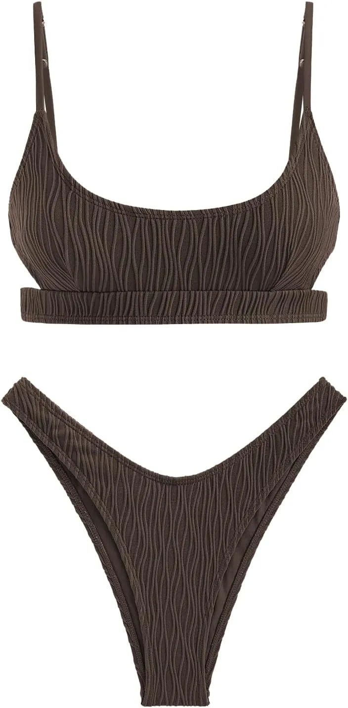 ZAFUL Women's Cutout Bikini Sets Scoop Neck Back Criss Cross Tie Ribbed High Cut Bikini Swimsuit Two Piece Bathing Suits