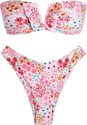 ZAFUL Women's Strapless Ribbed V Wired Lace Up Ruffle Tie High Cut Bandeau Swimsuits Bikini Set